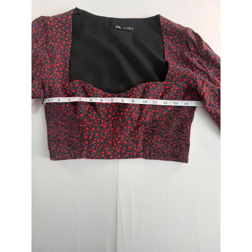Zara‎ Crop Top Women S Red Floral Smocked Puff Sleeve Square Neck Boho Festival - Picture 5 of 9